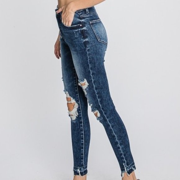 High Rise Dark Ankle Skinny Distressed Jeans - Picture 4 of 5